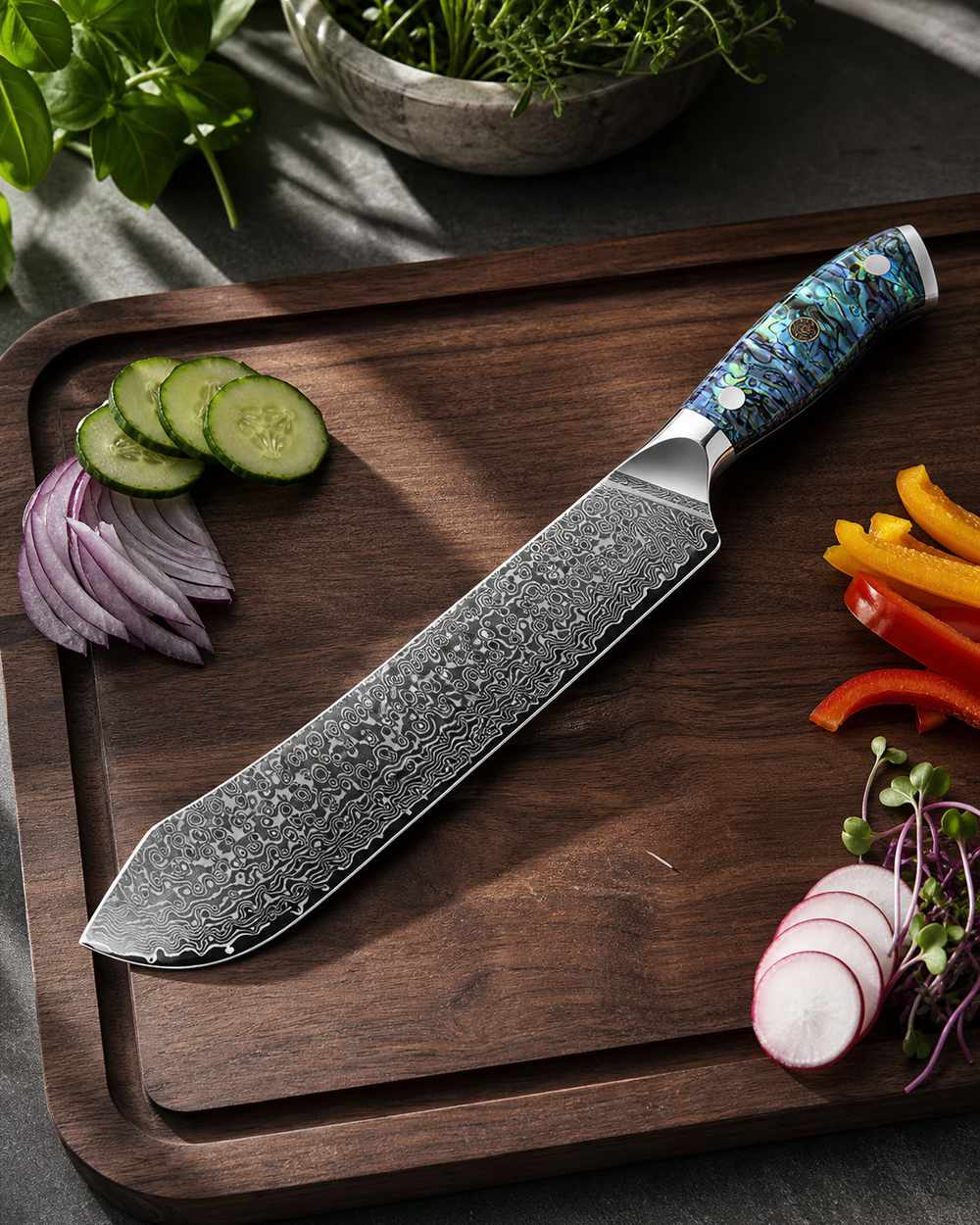Knife on a board with sliced vegetables and herbs