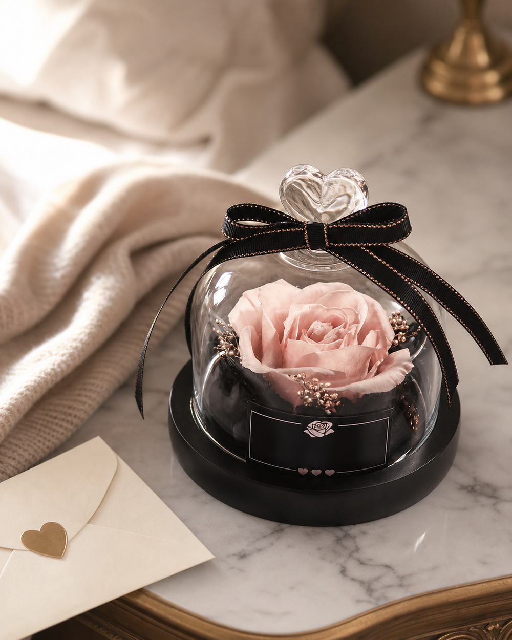 Preserved rose under glass on a bedside table