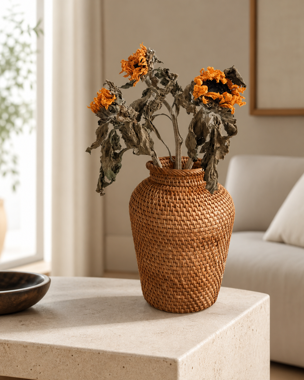 Rattan vase with dried sunflowers in a living room