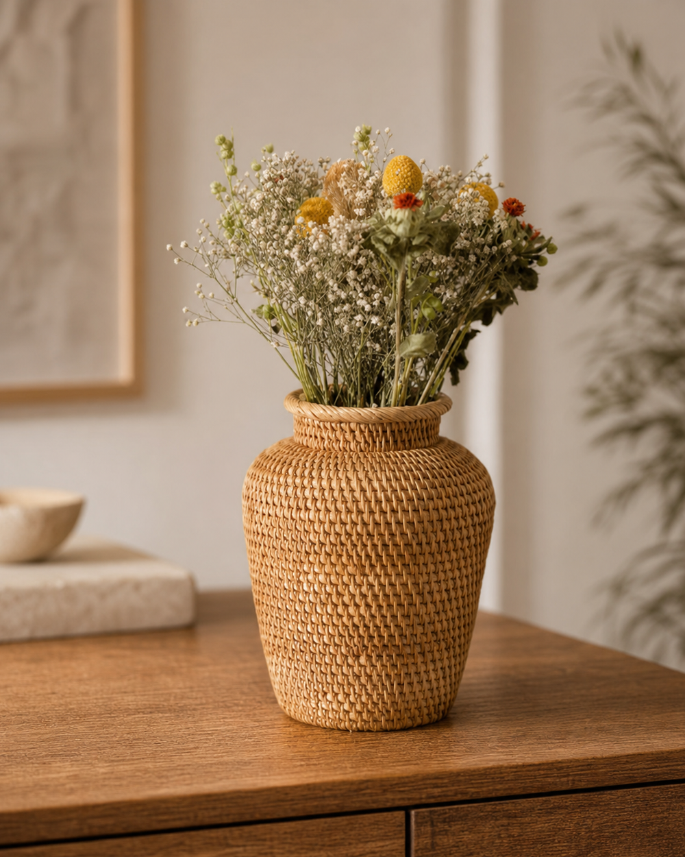 Small rattan basket with dried wildflowers on a dresser