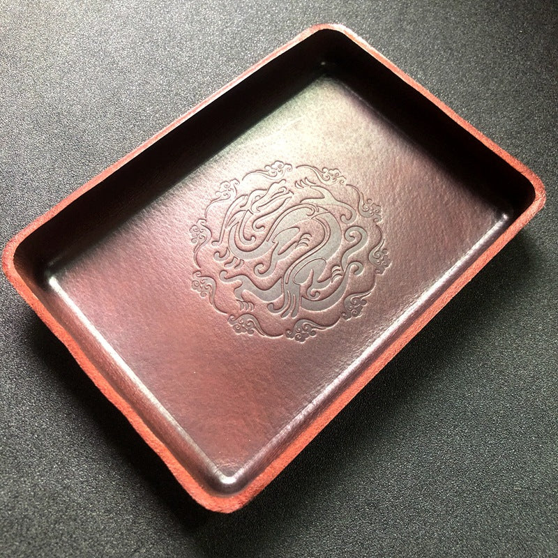 Handmade cowhide leather catch-all tray with fastened corners
